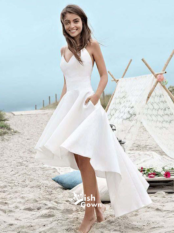 Beach Cheap Spaghetti Strap Open Back High Low Wedding Dresses, WG676