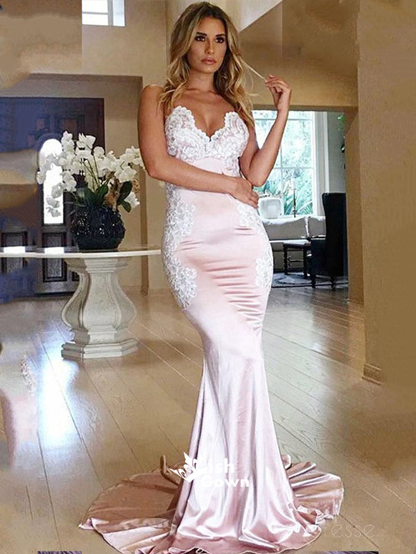 Blush Pink Appliques Mermaid Lace Up Backless Evening Gowns Formal Long Prom Dress, WG712