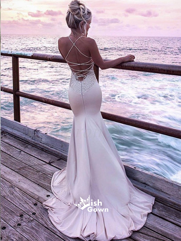 Blush Pink Appliques Mermaid Lace Up Backless Evening Gowns Formal Lon Wish Gown Blush Pink Appliques Mermaid Lace Up Backless Evening Gowns Formal Lon Wish Gown