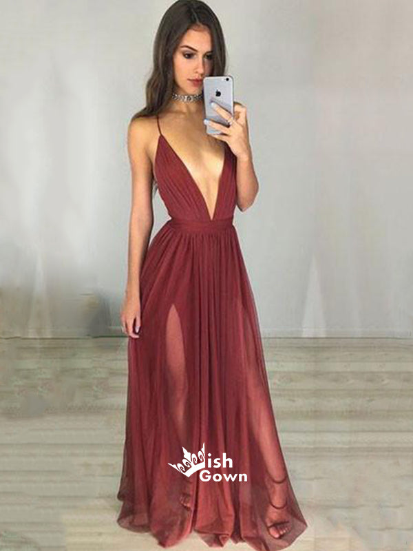 Popular Burgundy Chiffon Deep V Neck Sexy Slit Open Back Long Beach Prom Dress, WG733