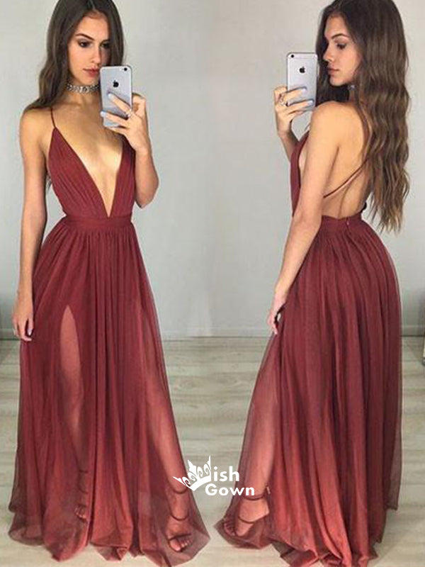 Popular Burgundy Chiffon Deep V Neck Sexy Slit Open Back Long Beach Pr Wish Gown Popular Burgundy Chiffon Deep V Neck Sexy Slit Open Back Long Beach Pr Wish Gown