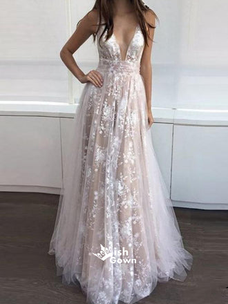 Most Popular Deep V Neck Sexy Applique Tulle Long Prom Dresses, WG744