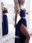 2 Pieces Popular Sexy Side Split Royal Blue Lace Beach Long Prom Dresses, WG765