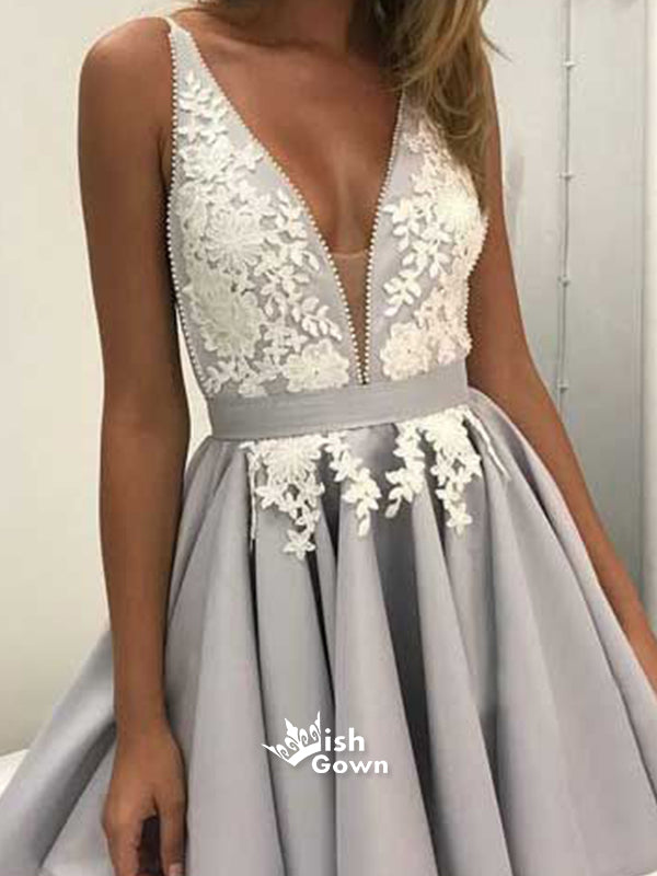 Cute V Neck Lace Grey/Silver Cheap Short Homecoming Dresses, WG810