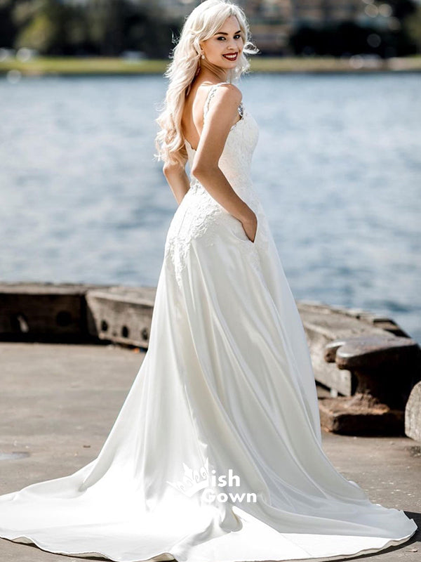 Gorgeous Appliqued V-neck White Elegant Bridal Long Wedding Dresses, WGB004