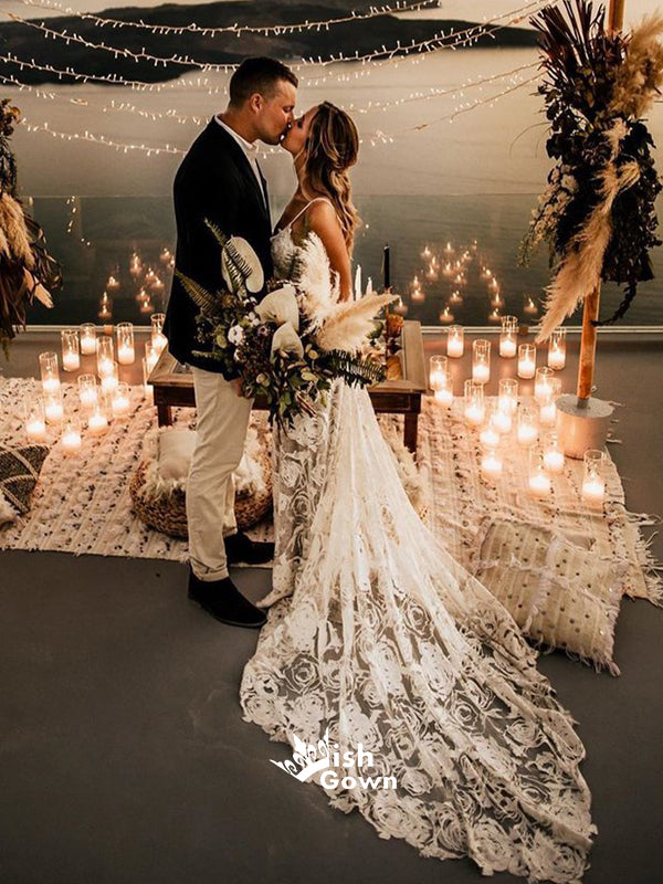 floral beach wedding dresses Floral Lace Beach Wedding Dresses Cathedral Train Rustic Bridal Dresse – Wish Gown