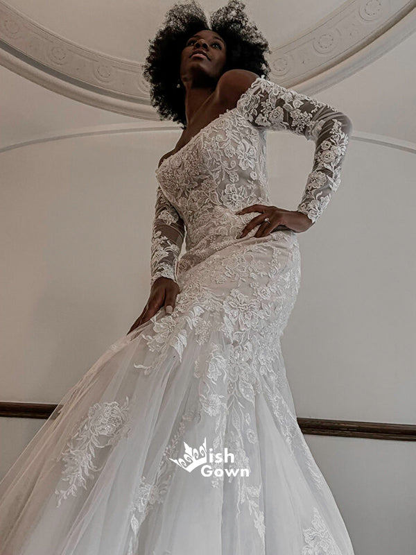 Ivory Lace Off Shoulder Long Sleeves Appliques Mermaid Bridal Gown Wed Wish Gown Ivory Lace Off Shoulder Long Sleeves Appliques Mermaid Bridal Gown Wed Wish Gown