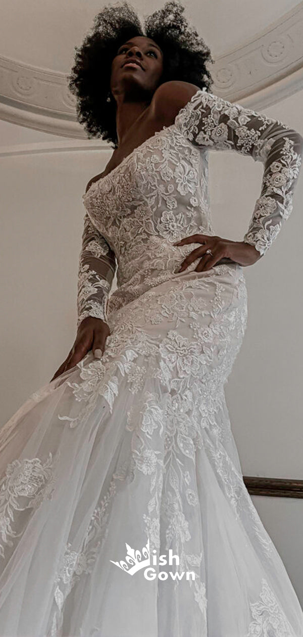 ivory lace off the shoulder wedding dress Elegant Off-shoulder White Bridal Gown With Delicate Lace, Timeless Column Wedding Dress With Corset Back and Long Lace Sleeves A-line Dress