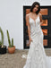 White Lace Appliques Mermaid Spaghetti Strap Criss Cross Backless Bridal Gown Wedding Dress, WGB011