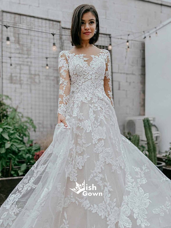 Sexy Long Sleeves Lace Tulle Appliques A-line Wedding Party Dresses Wi Wish Gown Sexy Long Sleeves Lace Tulle Appliques A-line Wedding Party Dresses Wi Wish Gown