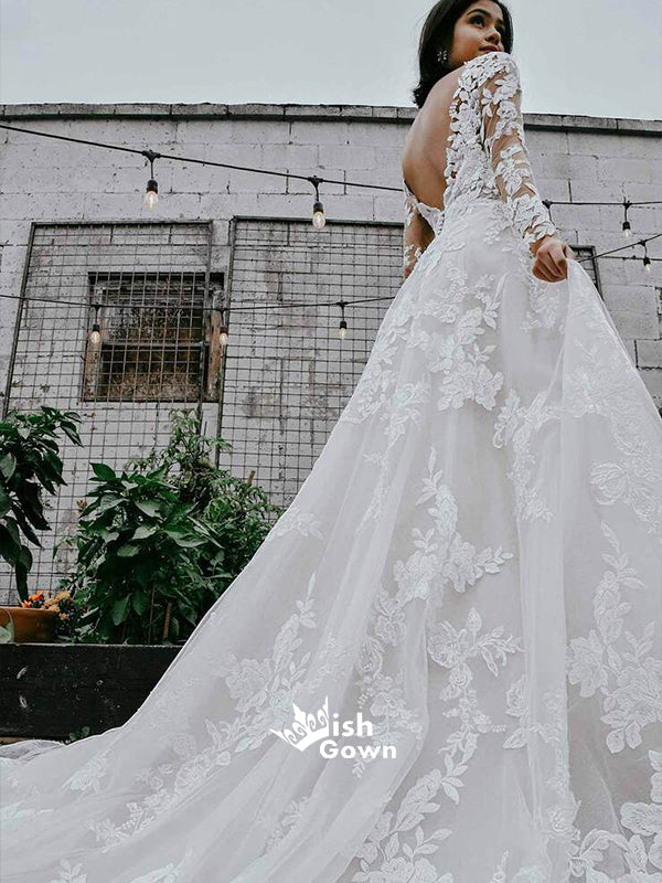 Sexy Long Sleeves Lace Tulle Appliques A-line Wedding Party Dresses Wi Wish Gown Sexy Long Sleeves Lace Tulle Appliques A-line Wedding Party Dresses Wi Wish Gown