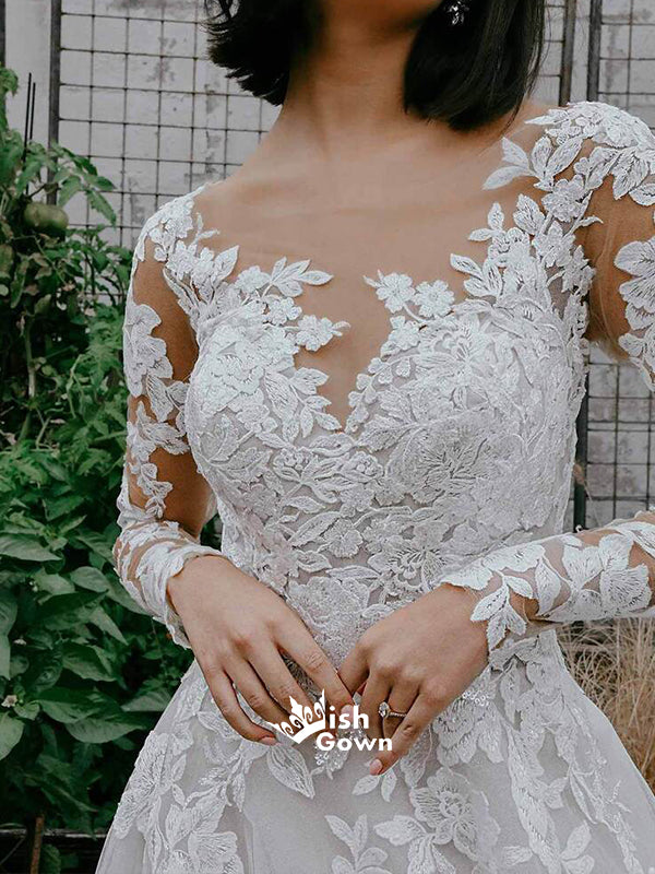 Sexy Long Sleeves Lace Tulle Appliques A-line Wedding Party Dresses Wi Wish Gown Sexy Long Sleeves Lace Tulle Appliques A-line Wedding Party Dresses Wi Wish Gown