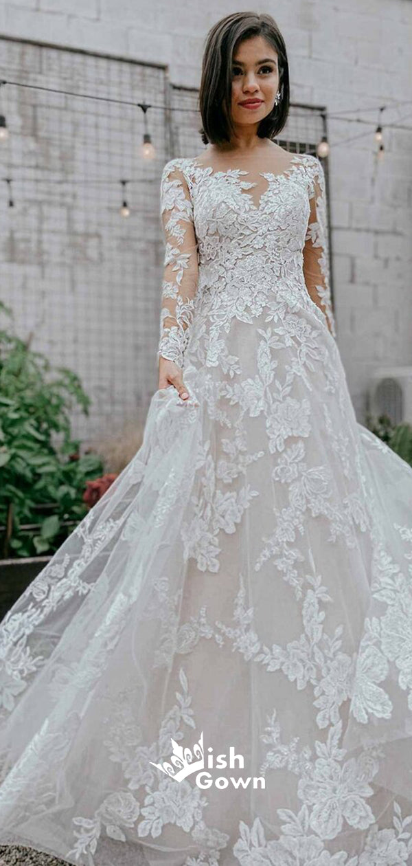 Sexy Long Sleeves Lace Tulle Appliques A-line Wedding Party Dresses Wi Wish Gown Sexy Long Sleeves Lace Tulle Appliques A-line Wedding Party Dresses Wi Wish Gown