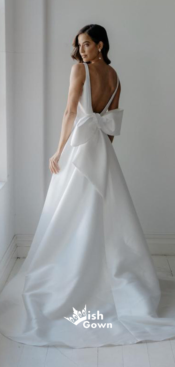 Simple Back Bow Gown With Scoop Neckline Satin A-line Wedding Dresses, Wish Gown Simple Back Bow Gown With Scoop Neckline Satin A-line Wedding Dresses, Wish Gown