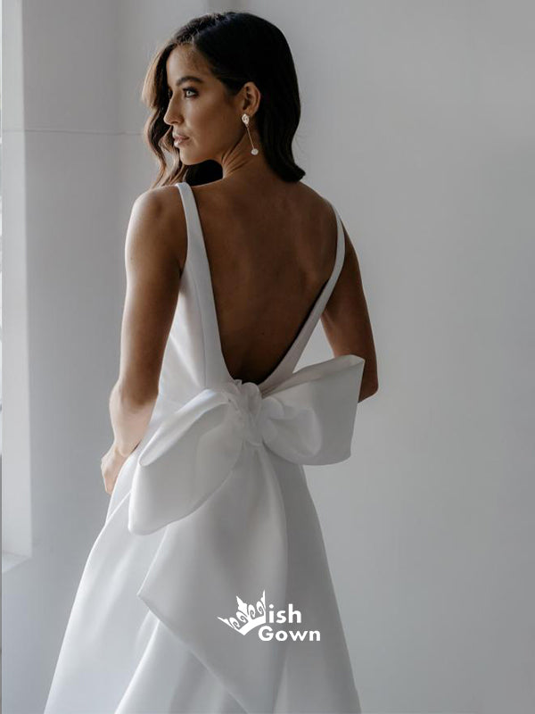 Simple Back Bow Gown With Scoop Neckline Satin A-line Wedding Dresses, Wish Gown Simple Back Bow Gown With Scoop Neckline Satin A-line Wedding Dresses, Wish Gown