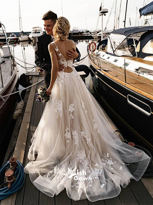 Romantic Tulle Appliqued A-line Wedding Dresses With Chapel Train, WGB Wish Gown Romantic Tulle Appliqued A-line Wedding Dresses With Chapel Train, WGB Wish Gown