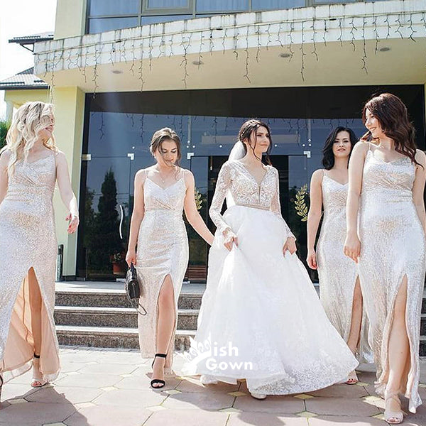 Champagne Sequin Spaghetti Strap Faux-Wrap Split Bridesmaid Dresses, W Wish Gown Champagne Sequin Spaghetti Strap Faux-Wrap Split Bridesmaid Dresses, W Wish Gown