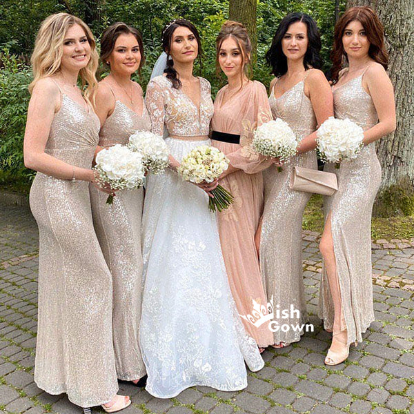 Champagne Sequin Spaghetti Strap Faux-Wrap Split Bridesmaid Dresses, W Wish Gown Champagne Sequin Spaghetti Strap Faux-Wrap Split Bridesmaid Dresses, W Wish Gown
