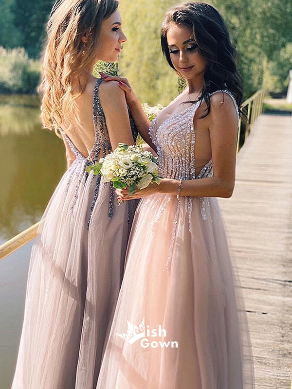 Romantic Backless Tulle Beading Long Wedding Party Bridesmaid Dresses, WGM007