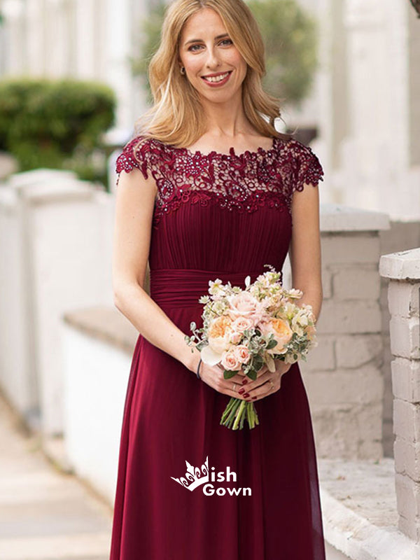 Burgundy Lace Cap Sleeves A-line Chiffon Long Wedding Guest Bridesmaid Wish Gown Burgundy Lace Cap Sleeves A-line Chiffon Long Wedding Guest Bridesmaid Wish Gown