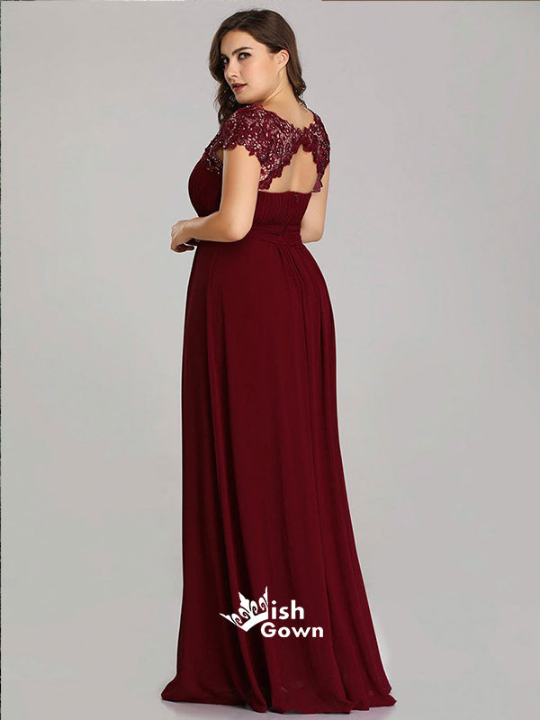 Burgundy Lace Cap Sleeves A-line Chiffon Long Wedding Guest Bridesmaid Wish Gown Burgundy Lace Cap Sleeves A-line Chiffon Long Wedding Guest Bridesmaid Wish Gown