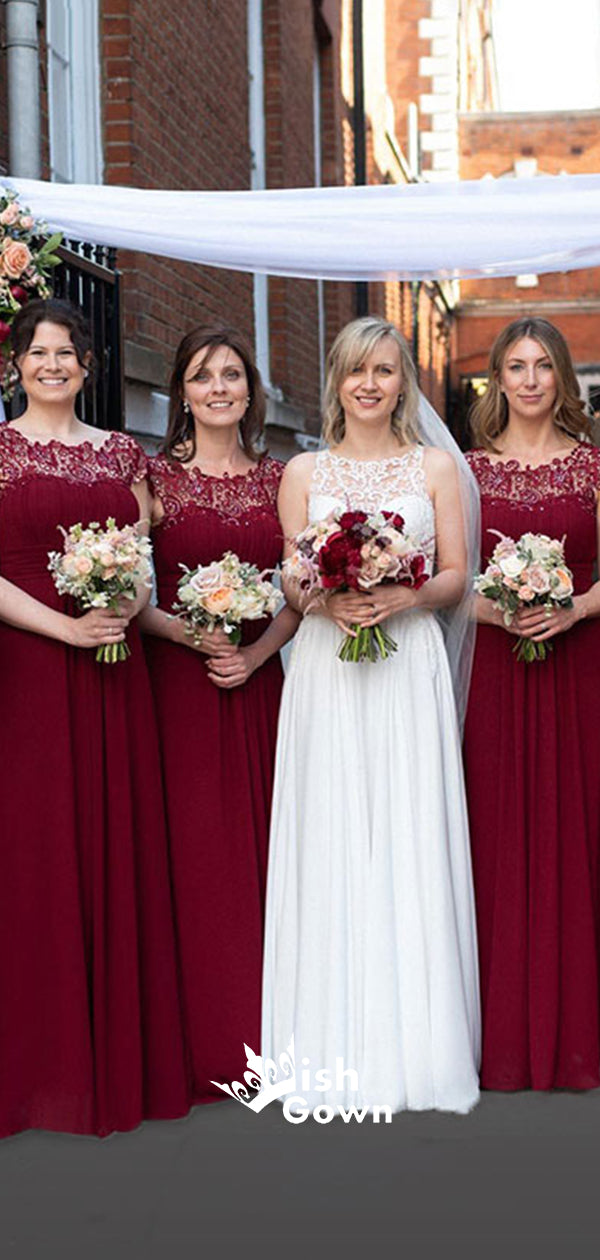 Burgundy Lace Cap Sleeves A-line Chiffon Long Wedding Guest Bridesmaid Wish Gown Burgundy Lace Cap Sleeves A-line Chiffon Long Wedding Guest Bridesmaid Wish Gown