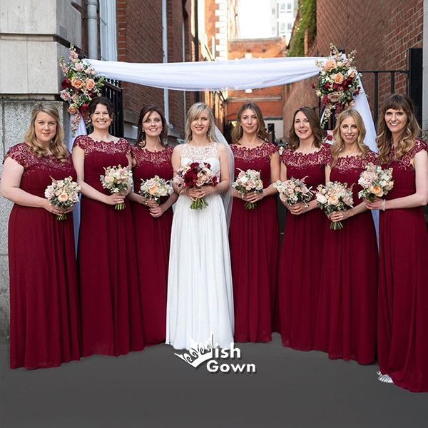 Burgundy Lace Cap Sleeves A-line Chiffon Long Wedding Guest Bridesmaid Dresses, WGM020
