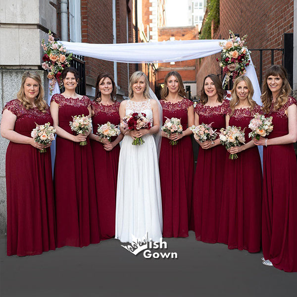Burgundy Lace Cap Sleeves A-line Chiffon Long Wedding Guest Bridesmaid Wish Gown Burgundy Lace Cap Sleeves A-line Chiffon Long Wedding Guest Bridesmaid Wish Gown