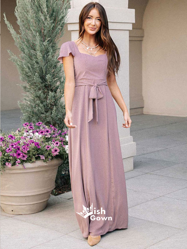 Square Collar Purple Chiffon A-line Floor-Length Wedding Party Bridesmaid Dresses, WGM022