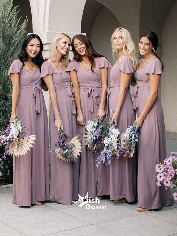 Square Collar Purple Chiffon A-line Floor-Length Wedding Party Bridesmaid Dresses, WGM022