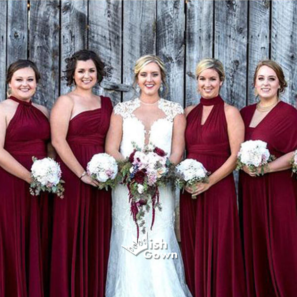 Burgundy Navy Blue Mismatched A-line Cheap Evening Party Long Bridesma – Wish Gown