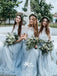 Two Pieces Ivory Lace Short Sleeve A-line Blue Tulle Long Bridesmaid Prom Dresses, WGM024
