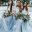 Two Pieces Ivory Lace Short Sleeve A-line Blue Tulle Long Bridesmaid Prom Dresses, WGM024