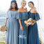 Different Blue Off Shoulder Chiffon A-line Wedding Guest Long Bridesmaid Dresses, WGM025