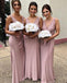 Simple Dusty V-neck Sleeveless Sheath Pink Floor Length Bridesmaid Dresses, WGM030