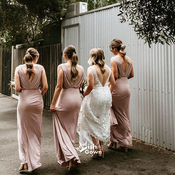 Simple Dusty V-neck Sleeveless Sheath Pink Floor Length Bridesmaid Dresses, WGM030