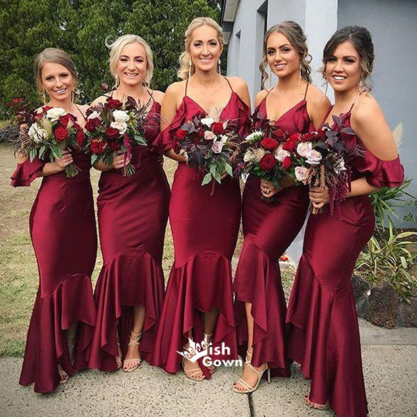 Burgundy Champagne Off Shoulder Spaghetti Strap Mermaid Soft Satin Bri – Wish Gown