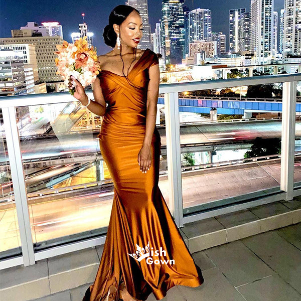 Burnt Orange Mermaid Side Split Off Shoulder Satin Wedding Guest Bride Wish Gown Burnt Orange Mermaid Side Split Off Shoulder Satin Wedding Guest Bride Wish Gown