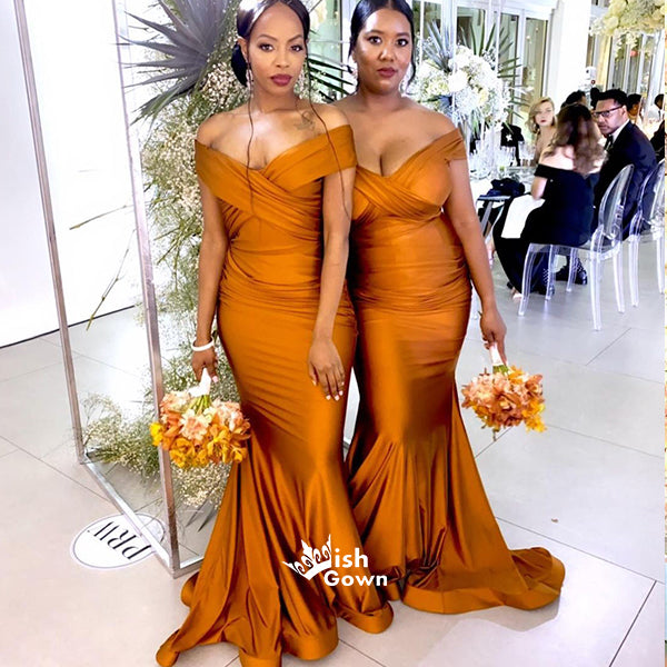 Burnt Orange Mermaid Side Split Off Shoulder Satin Wedding Guest Bride Wish Gown Burnt Orange Mermaid Side Split Off Shoulder Satin Wedding Guest Bride Wish Gown