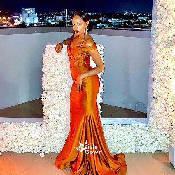 Burnt Orange Mermaid Side Split Off Shoulder Satin Wedding Guest Bride Wish Gown Burnt Orange Mermaid Side Split Off Shoulder Satin Wedding Guest Bride Wish Gown