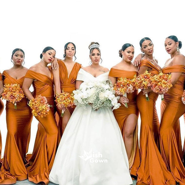 Burnt Orange Mermaid Side Split Off Shoulder Satin Wedding Guest Bride Wish Gown Burnt Orange Mermaid Side Split Off Shoulder Satin Wedding Guest Bride Wish Gown