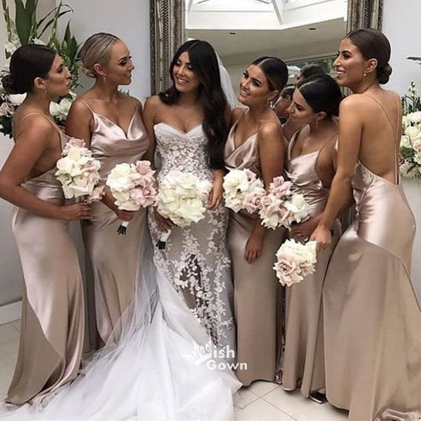 Champagne Spaghetti Straps Silk Elastic Satin Wedding Guest Gown Bride Wish Gown Champagne Spaghetti Straps Silk Elastic Satin Wedding Guest Gown Bride Wish Gown