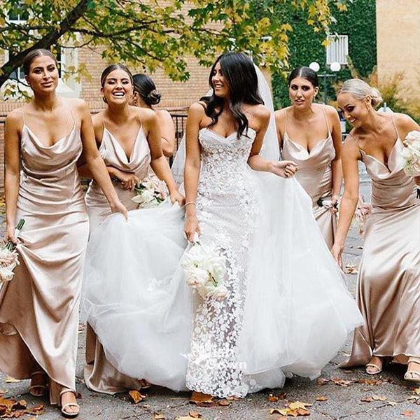 Champagne Spaghetti Straps Silk Elastic Satin Wedding Guest Gown Bride Wish Gown Champagne Spaghetti Straps Silk Elastic Satin Wedding Guest Gown Bride Wish Gown