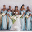 Dusty Blue Sequin Off Shoulder Spaghetti Straps Mermaid Bridesmaid Dresses, WGM049