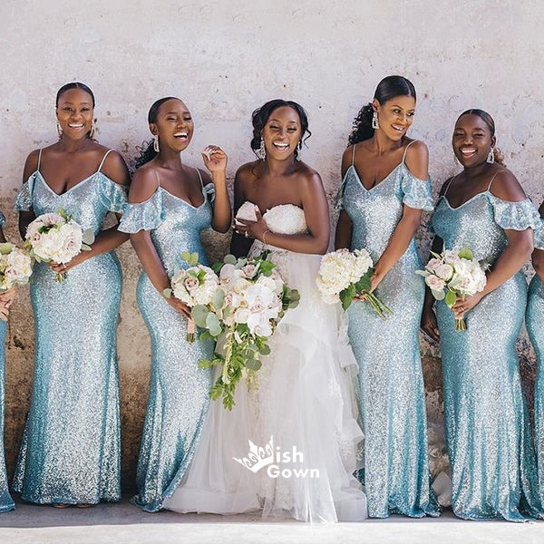 Dusty Blue Sequin Off Shoulder Spaghetti Straps Mermaid Bridesmaid Dre – Wish Gown