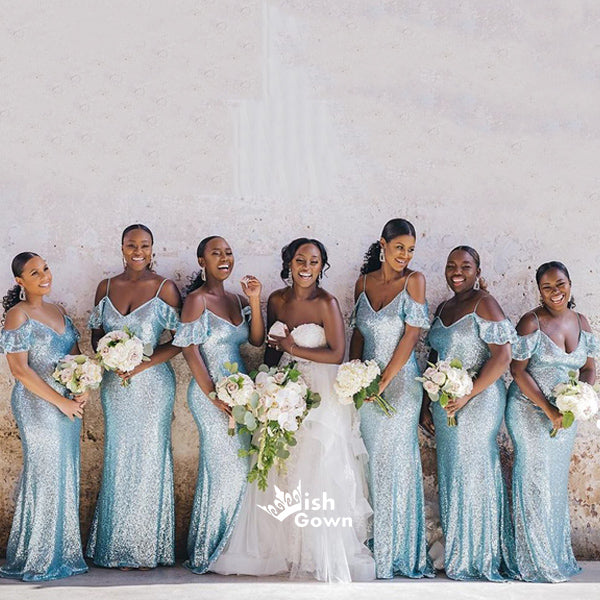 Dusty Blue Sequin Off Shoulder Spaghetti Straps Mermaid Bridesmaid Dre – Wish Gown