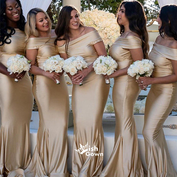 Champagne Gold Mermaid Off Shoulder Soft Satin Floor Length Bridesmaid Wish Gown Champagne Gold Mermaid Off Shoulder Soft Satin Floor Length Bridesmaid Wish Gown