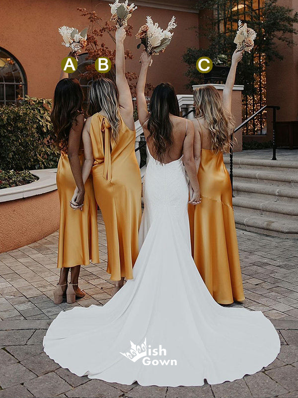 Multiple Types Soft Satin Yellow Sheath Tea-length Wedding Guest Bride Wish Gown Multiple Types Soft Satin Yellow Sheath Tea-length Wedding Guest Bride Wish Gown