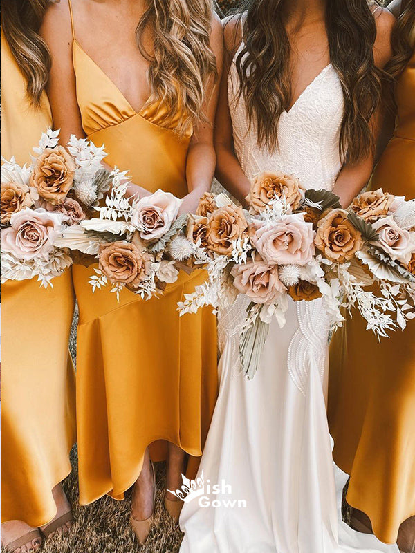 Multiple Types Soft Satin Yellow Sheath Tea-length Wedding Guest Bride Wish Gown Multiple Types Soft Satin Yellow Sheath Tea-length Wedding Guest Bride Wish Gown