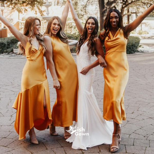 Multiple Types Soft Satin Yellow Sheath Tea-length Wedding Guest Bride Wish Gown Multiple Types Soft Satin Yellow Sheath Tea-length Wedding Guest Bride Wish Gown